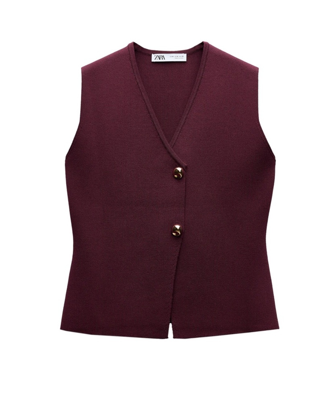 Zara Wine-Red Knit Buttoned V-Neck Vest